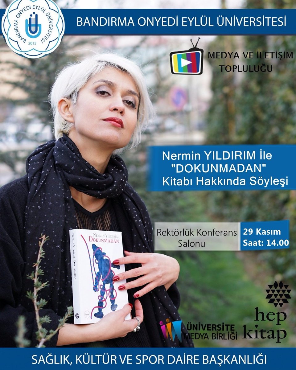 bandirmamit's tweet photo. 📖 29 Kasım Çarşamba günü, saat 14.00'da Dokunmadan kitabının yazarı Nermin Yıldırım bizlerle! Gerçekleşecek olan bu hoş söyleşiye hepiniz davetlisiniz. 🤗
#kitap #yazar #etkinlik #dokunmadan https://t.co/WGcjCO5gOo