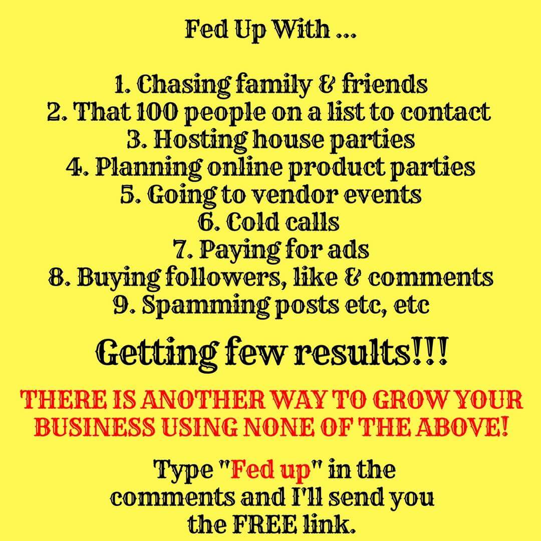 YvonneHaughian's tweet photo. Fed up using out dated business techniques to grow your business? Join my FREE 5 Day Attraction Marketing Challenge. Type "Fed up" to get the link #itworks #vasayo #thrive #delgada #Avon #marykay #posh #younique #herbalife #valentus #javita #makeuperaser #nspire #malaleuca https://t.co/lvea1JbauJ