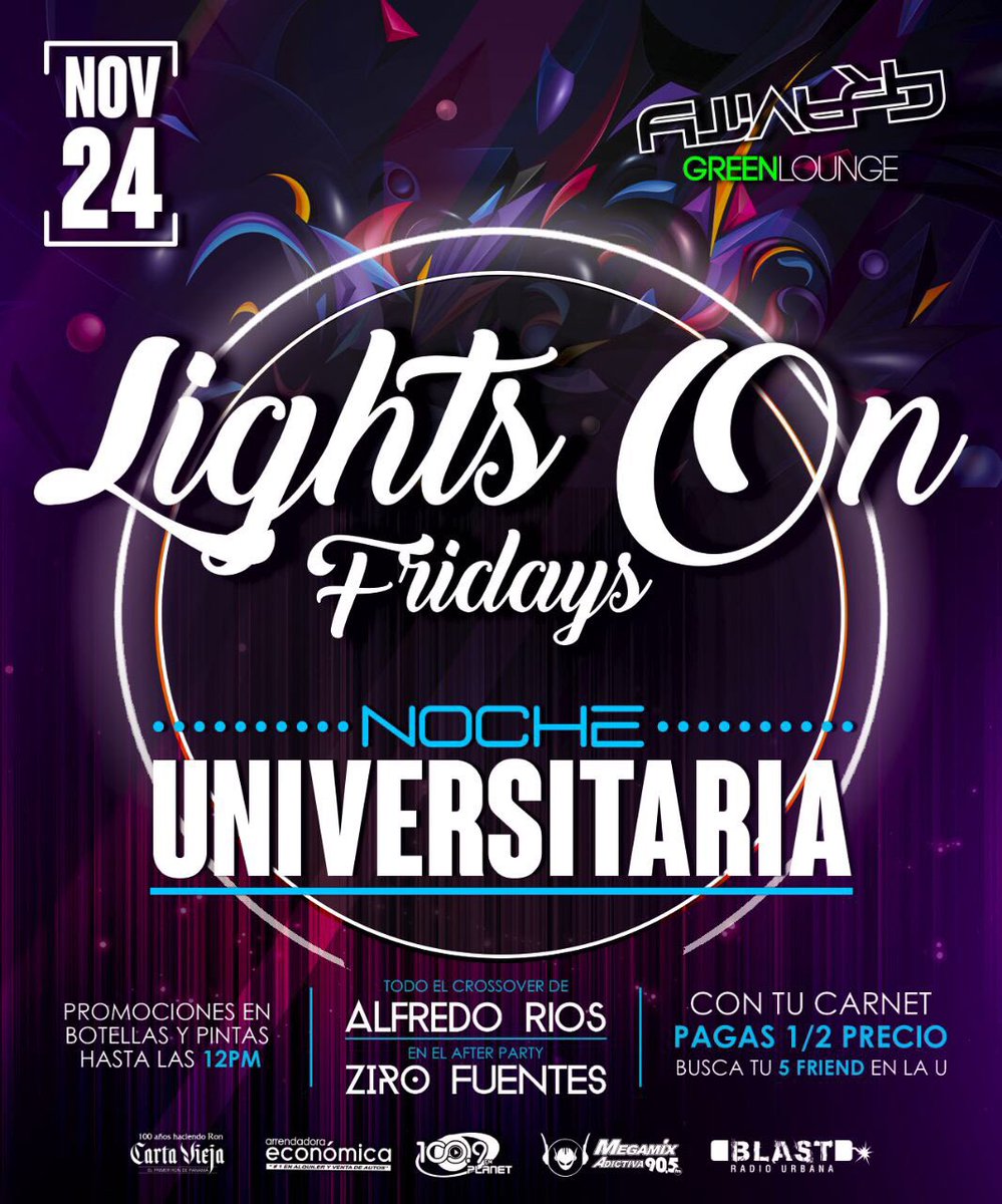 GravityPanama's tweet photo. La fiesta de los universitarios de chiriqui #lightsonfridays hoy en tu discoteca @gravitypanama  #fullpromociones en botellas y pintas así que llega  temprano para que no te las pierdas , por la música @alfredorios05 con todo el #crossover   #greenlounge activo hasta las 5 https://t.co/Z4zO8kNjEF