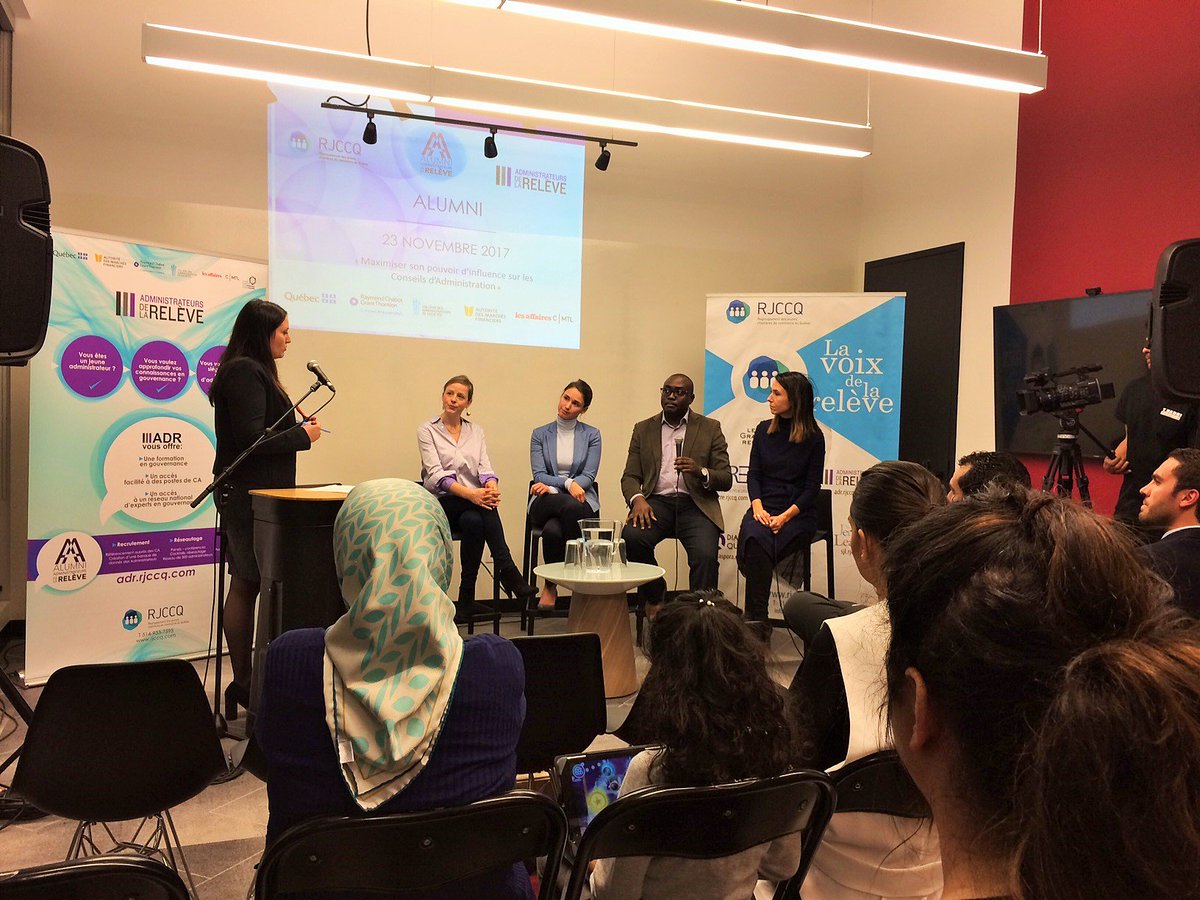 leadershipmtl's tweet photo. Le @RJCCQ organisait hier la soirée "Maximiser son pouvoir d'influence sur les CA". Trois membres du Groupe des Trente y étaient. Félix Zogning était panéliste tandis que Wendy Chavez et Daniela Acosta Montana ont reçu leur attestation ADR. Bravo ! @ConcertationMTL https://t.co/XCSdVMFWhe