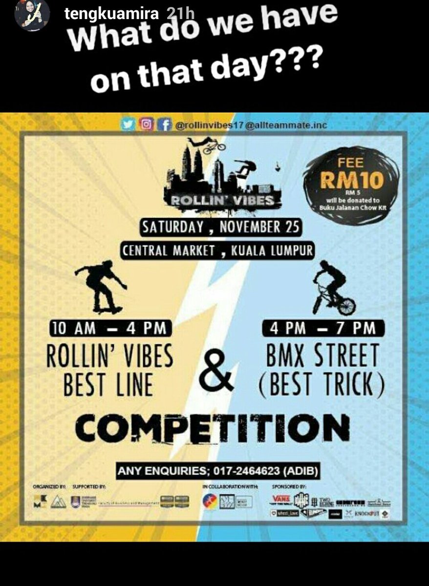 Laliquea's tweet image. Guys, DO COME &amp;amp; SUPPORT ! 🔥

📆: 25th Nov
📍: Central Market, Kuala Lumpur
⌚: 10am - 10pm

🔥BMX &amp;amp; SKATEBOARD COMPETITION, PRIZES UP TO RM4000! 💰
🔥Bike Maintenance
🔥 Local Brand Vendors 
🔥 Live Perfomance
🔥Lucky Draw 

For more info, 
@rollinvibes17 @AllteammateInc