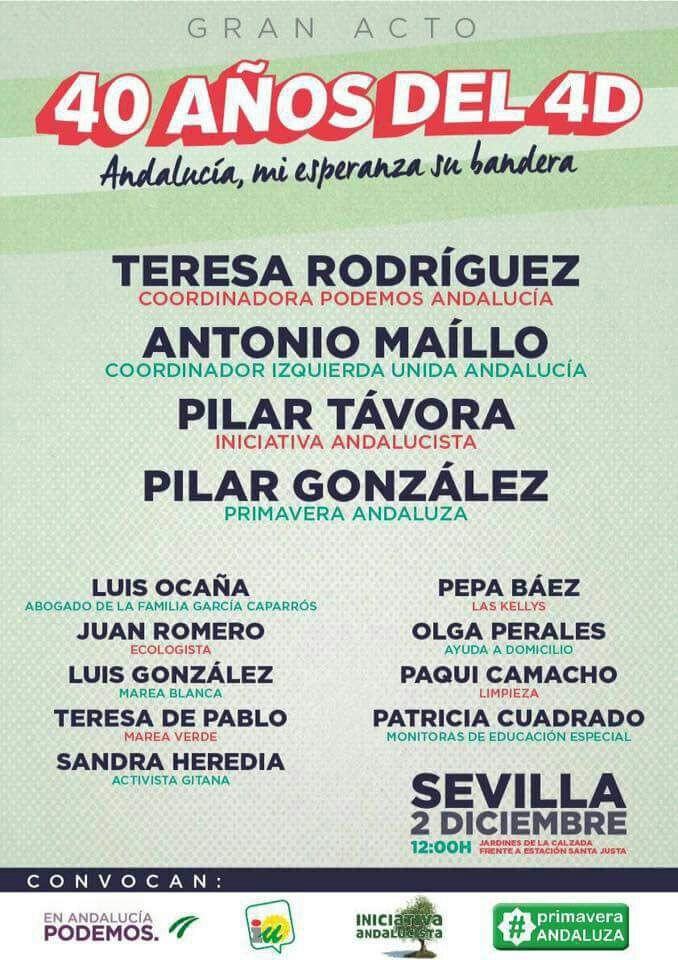 podemsocia's tweet photo. 📣El próximo fin de semana, tenemos doble cita en Andalucía - A 40 años del 4 de Diciembre
👉Sábado 2, acto de Unidos Podemos en Sevilla con la compañera @TeresaRodr_ 
👉Domingo 3, manifestación en Málaga de la Plataforma 4D
#Unidad #SíSePuede ✊ https://t.co/cxPWNEfRm9