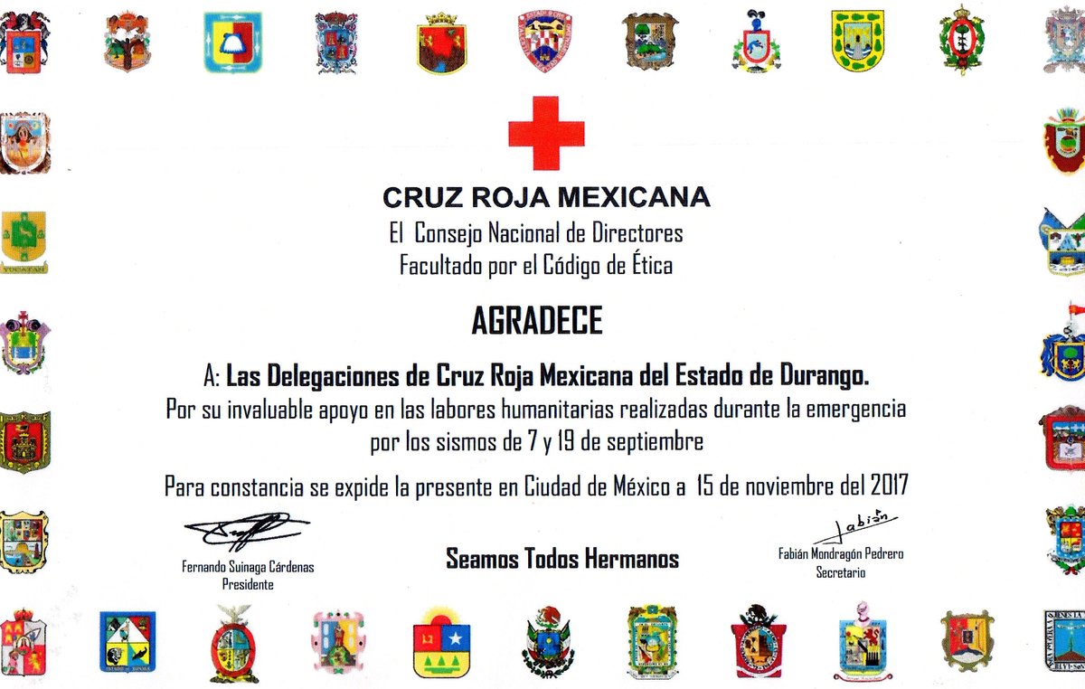 CruzRojaDgo's tweet image. Con agrado y beneplácito compartimos con todo el pueblo de Durango el reconocimiento que recibimos a nombre de todos y cada uno de los duranguenses que ayudaron en las labores del envió de ayuda humanitaria a nuestros hermanos afectados por los sismos del 7 y 19 de septiembre.