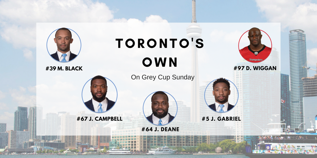 cityoftoronto's tweet photo. Fun fact: 5 players in this Sunday's #GreyCup were born or raised in Toronto. Good luck to all #Argos players, especially our own Matt Black, Jamal Campbell, J'Michael Deane and Jermaine Gabriel. And wishing Toronto's son Derek Wiggan well while playing for the other guys! https://t.co/KiOtibKbjg