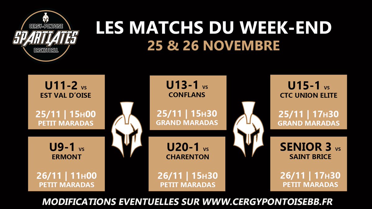 CPBB_Officiel's tweet photo. 6 matchs se tiendront ce week-end aux Maradas ! On compte sur vous pour venir supporter vos Spartiates à @CergyPontoise95  👊 #GoCPBB #Spartiates https://t.co/bIvCHfJYMm