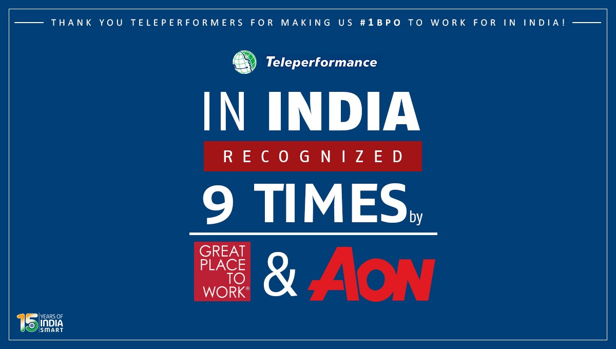 WeAreTPinIndia's tweet photo. Redefining #business success in the changing world!
This is the 9th recognition as the best employer by Great Place to Work Institute & Aon.
Kudos Teleperformers for your #passion, #dedication & hard work! #1BPO #PeopleSmart #IndiaSmart #BusinessSmart @GPTW_India @AonHewitt https://t.co/yJhGS9JIIH