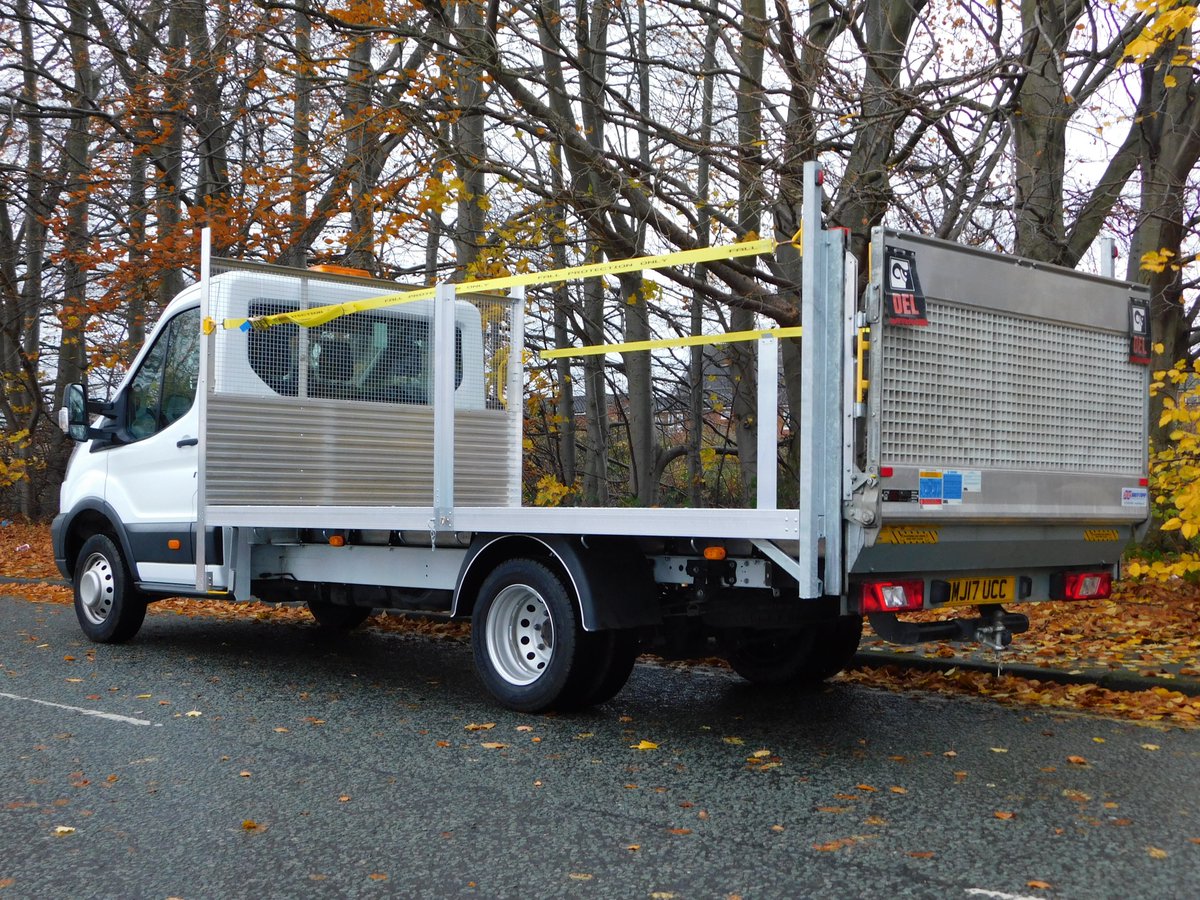 Aluminium Flatbed Body with Fall Arrest Straps and <a href="/Delequipmentuk/">Del Equipment UK Ltd</a> DL500 KG Tail Lift #commercialvehicle #Bodybuilders #fordtransit