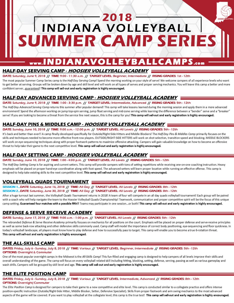 IndianaVBCamps's tweet photo. We present the 2018 Summer Camp Series!! 🔴🏐🔴🏐

Registration opens on Monday, December 18th @ 10:00 a.m. If you register between then and Friday, December, 22nd - you'll receive a free 🎁from us! We to see you in Bloomington this summer! https://t.co/tgtJNCobpb