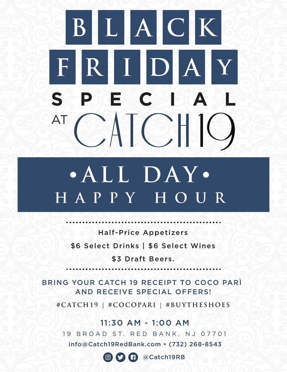 Catch19RB's tweet photo. Take a break from the shopping and stop by Catch 19 for all day happy hour! Make your reservation: https://t.co/UfJHkI6ZeR https://t.co/puTpvg6sCX
