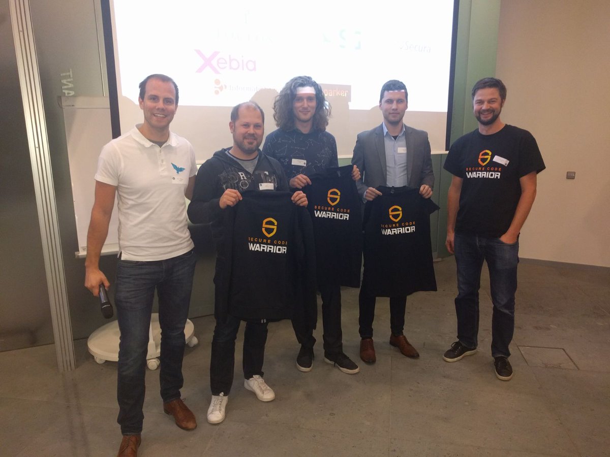 NVISOsecurity's tweet photo. Congratulations to the winners of the Secure Code Warrior tournament! Enjoy the t-shirts and drones 😊🎉! @SecCodeWarrior @owasp_be #owaspbnl17 https://t.co/OSkIC1e6f2