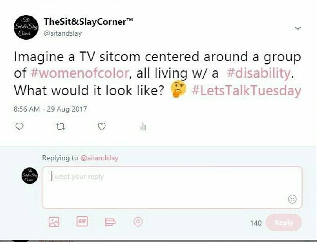sitandslay's tweet photo. Ok guys so remember when I made a post discussing what a tv show focused around #woc w/ #disabilities would look like? I was wondering what are some #Disability related shows that have already made it to television? I know #pushgirls #speechless #bornthisway What are others? https://t.co/LvB7ImKpQQ