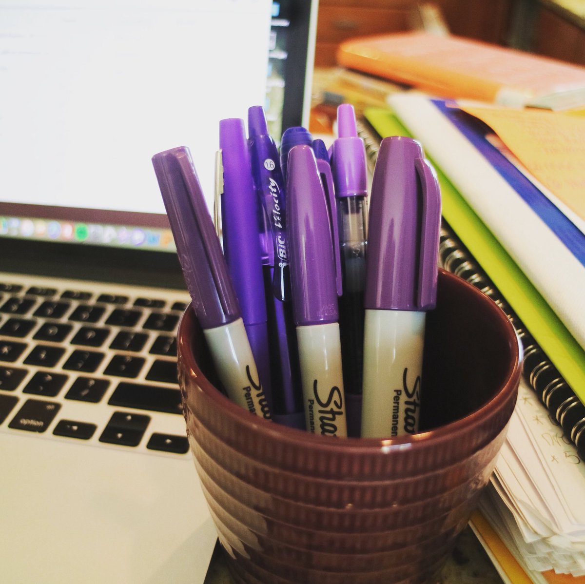 SarahBWessling's tweet photo. The English teacher version of “getting in the black” this Friday! #purplepens #bulginginbox #stackofpapers #endlesscaffeineplease #year20 https://t.co/FVzOQFgdgY