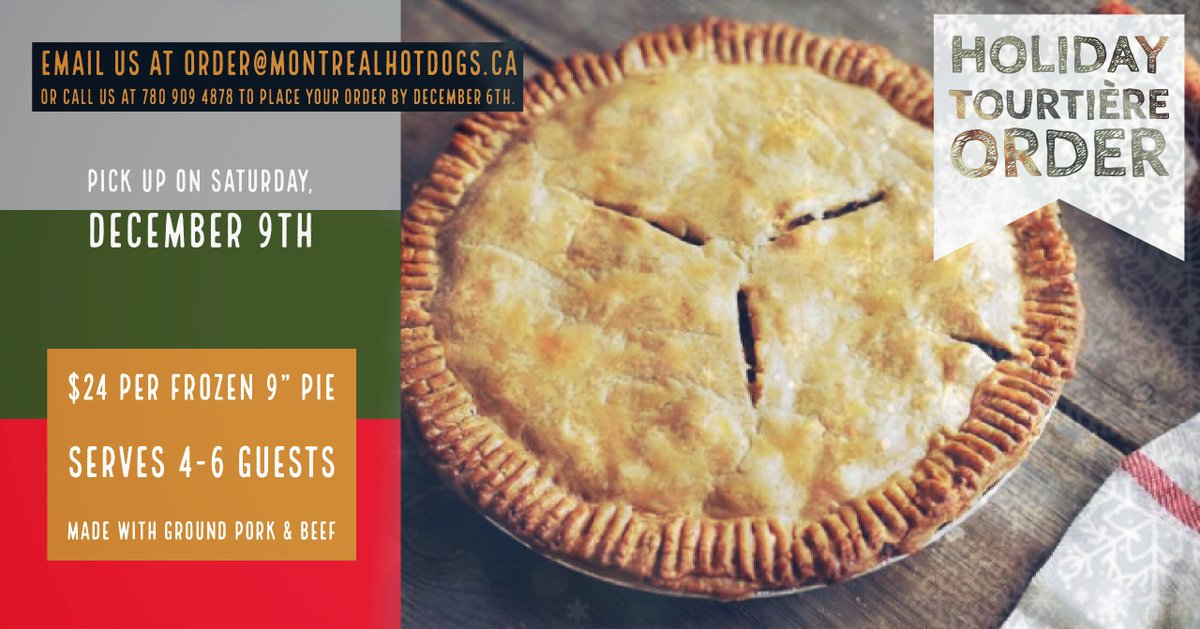 MontrealHotdogs's tweet photo. Need #more #MistleToe time? Let us do the #Cooking.Grace your #HolidayTable with #festive 1kg  #tourtière. Take home ridiculously delicious meat pie. Orders online or by phone. Pick up Dec 9th. No mess, no stress! #yegfood #HolidayStressRelievers #Yeg #preorder #EAT #supportlocal https://t.co/7Q4cy9Nb3Z