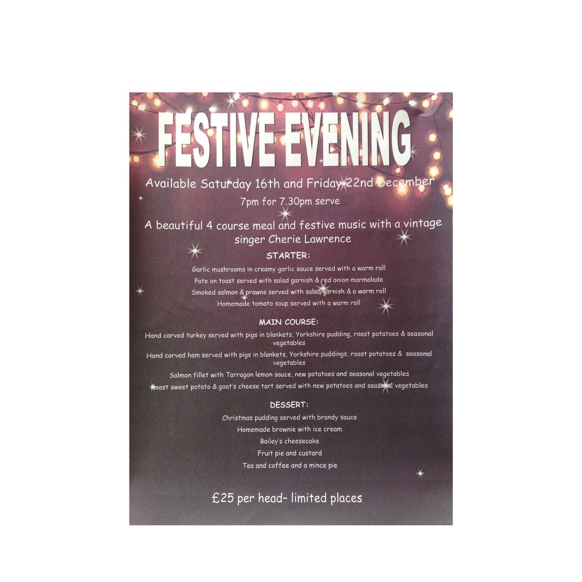 spottedducktea's tweet photo. FESTIVE CHRISTMAS NIGHT

Last few tables available on Friday 22nd December for a beautiful 4 course meal with entertainment from vintage singer Cherie Lawrence! 

Great value at £25 per person, call or message to book 01964 529529 https://t.co/z74IzGmEYf