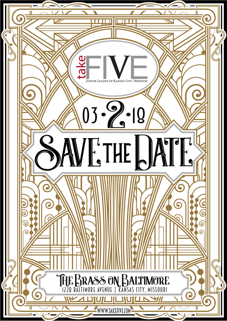 JuniorLeagueKC's tweet photo. BIG NEWS ANNOUNCEMENT:
Take FIve is taking it all the way back to the 1920's!!
Join us at the @thebrassonbalt on 3.2.18 for the greatest party JLKCMO's ever thrown!
Tickets go on sale 11.27.17, get yours before we sell out!
#party #kcparty #jlkcmo #takefivekc https://t.co/94OR6ki6BW
