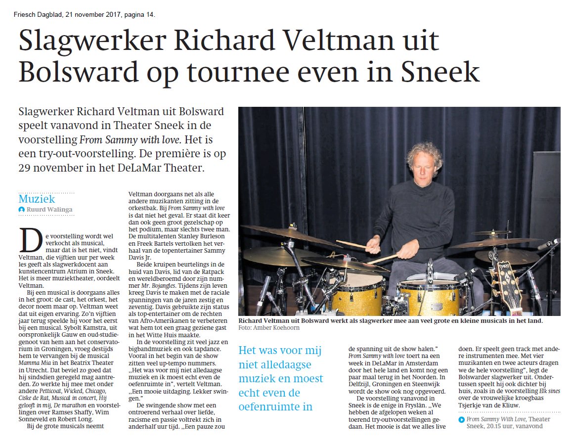 KCAtrium's tweet image. Voor wie het deze week heeft gemist: slagwerkdocent Richard Veltman stond dinsdag groot in het @frieschdagblad. Hij speelde dinsdagavond in de voorstelling 'From Sammy with Love' in @TheaterSneek. #Sneek #Bolsward 😎🥁
