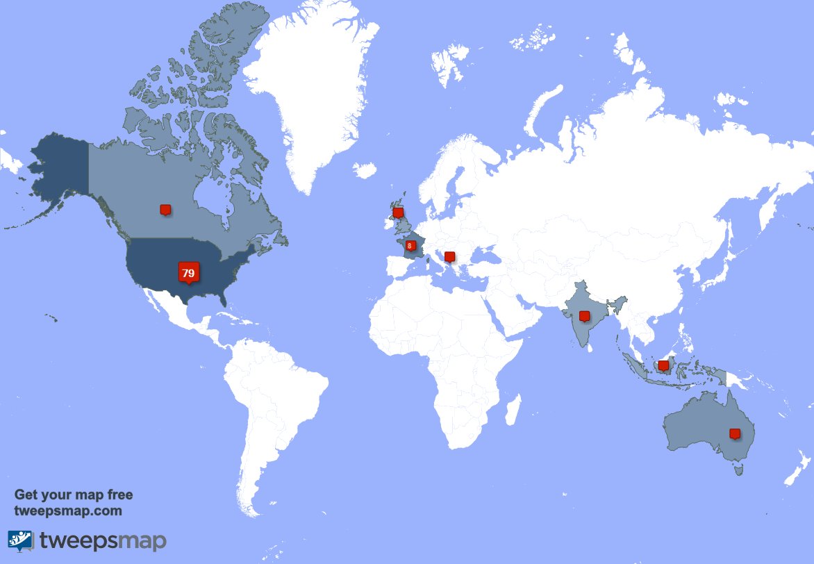 My followers live in USA (78%), France(8%)... Get your free map: tweepsmap.com/!BellatorNatura