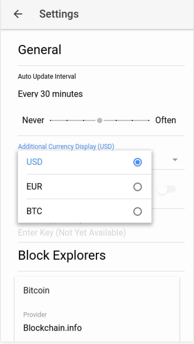 ceosion's tweet photo. Added display currency options (USD, EUR, BTC for now) using @CryptoCompare's awesome API for price data. https://t.co/evVnvmXzLL #BlockchainWatcher #cryptocurrency #bitcoin #mobileapps #ethereum #litecoin https://t.co/7OeYdmvKAm