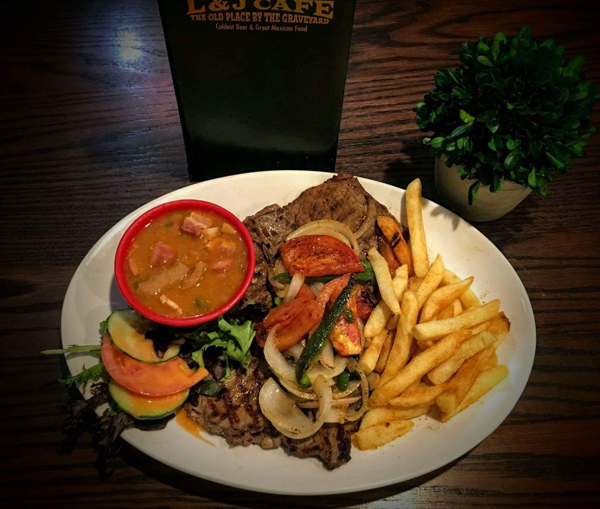 LJCafe's tweet photo. Good morning! We are open! Today's lunch special is a sirloin a la mexicana with fries, charro beans, sliced avocado, and tortilla soup. We also have 50% off all wine bottles all day. Hope you can join us! https://t.co/dkLOtNV1eJ