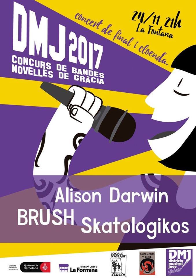 sortimbcn's tweet photo. Qui guanyarà el #DMJ2017? 🎸👩‍🎤 Alison Darwin, Brush o Skatologikos ? 🎸👩‍🎤
Aquesta nit emoció i concertassos a @EjLaFontana! https://t.co/uLo6ljx8I4 https://t.co/VnS59y3hmV