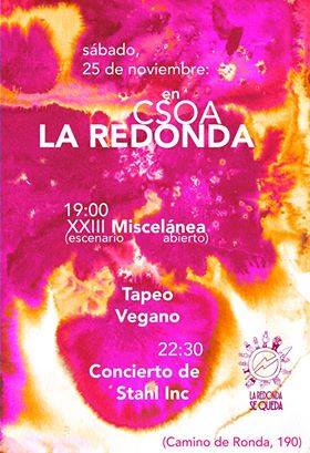 Este SÁBADO 25 DE NOVIEMBRE, a las 19:00, segundo escenario abierto de MISCELÁNEA en La Redonda y XXIII edición. Y después de calentar, entramos de lleno a las 22:00 al concierto de STAHL INC., un grupo de RAP venido de Murcia!!