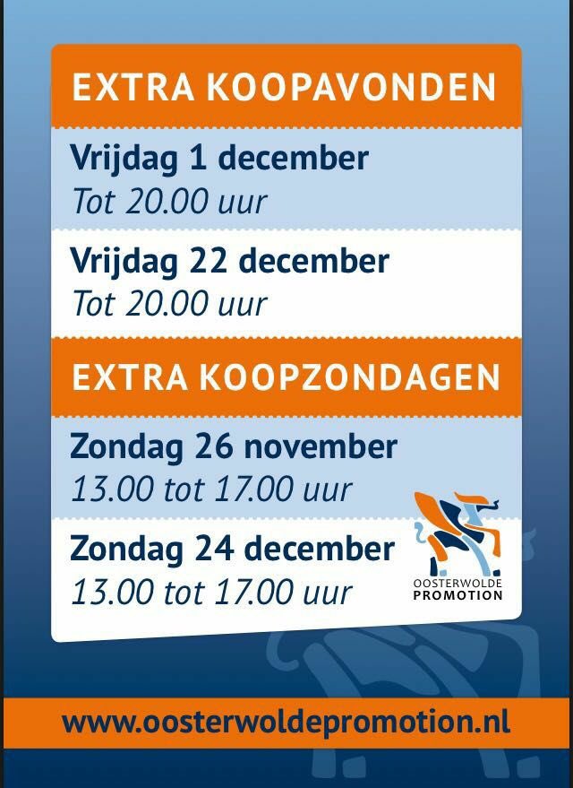 Dit weekend extra #koopzondag in #Oosterwolde! Zondag 26 november van 13.00 - 17.00 uur.