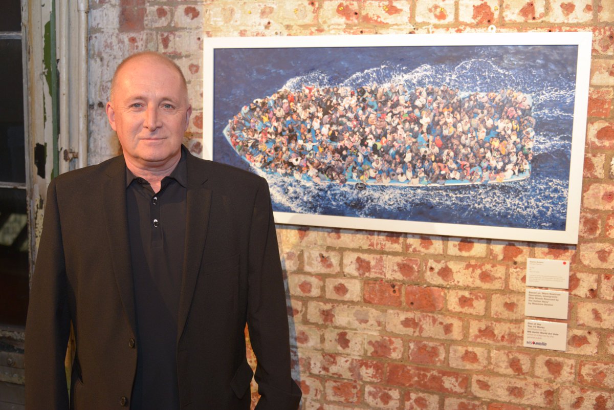 #NOA17 MS Amlin World Art Vote winner Stephen Burgess with his amazing piece Refugee Rescue at our <a href="/tnoac/">National Open Art</a> private viewing last night. Many congratulations to Stephen.