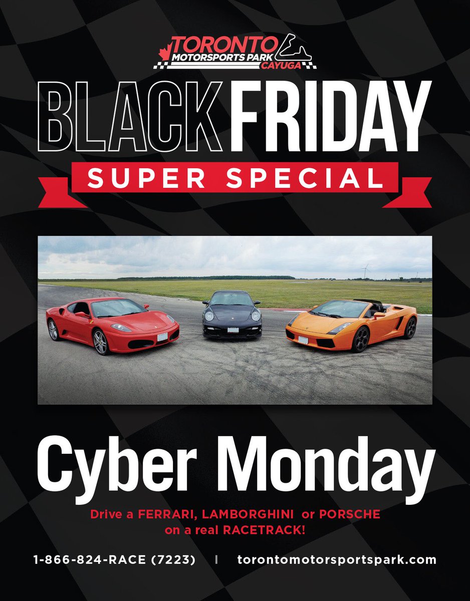 TMPCayuga's tweet photo. Are you ready for some #BlackFriday deals!? First up, the #ExoticDreamCarExperience. We have our lapping packages at some pretty amazing prices!! #NissanGTR #LamborghiniGallardo #Porsche997 #FerrariF430 #TMPLapping #TMPCayuga #TorontoMotorsportsPark https://t.co/nal4E279c2