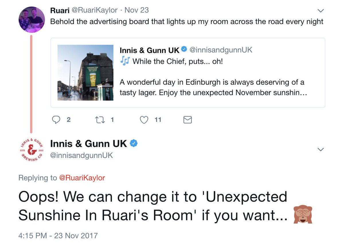 innisandgunn's tweet photo. So we celebrated a sunny day in Edinburgh yesterday with a nice poster, but we didn't realise the impact on locals. @RuariKaylor told us about the light in his room, so we changed it up a bit...

Sunglasses, 4 lagers and a new poster later, we're all sorted 😎🍺 #innisandsunshine https://t.co/d3nDQm9Rk8