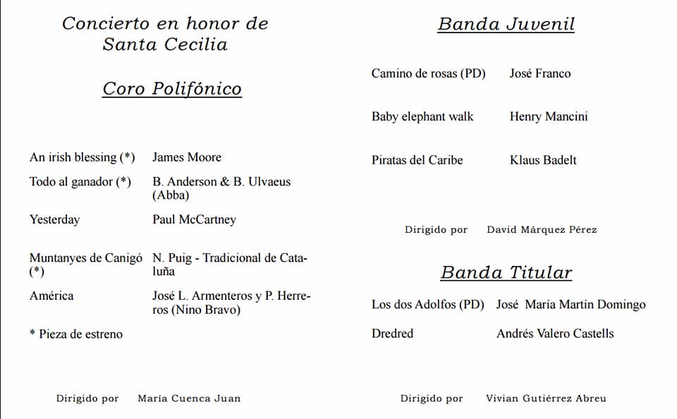 Ací teniu el programa del concert de Santa Cecília que oferiran la nostra banda titular, la coral i la banda juvenil. Vos esperem demà a les 20:00 h a la Parroquia Santa Maria del Mar.