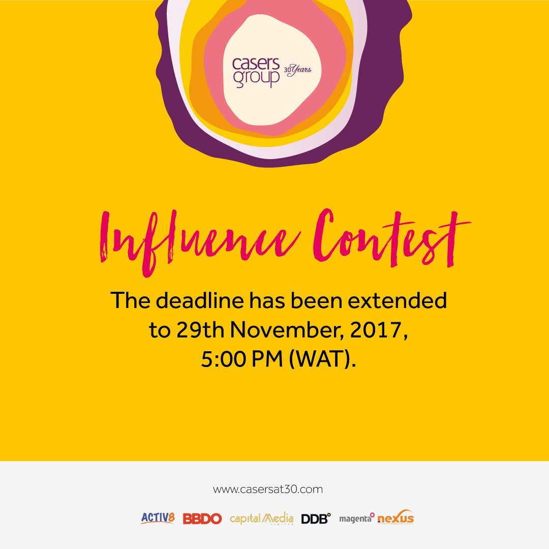 Casers_Group's tweet photo. Good news! You now have more time to create and send in your entries.

The Influence contest has been extended to 29th of November, 2017.

For more information about the Casers Influence contest and to view entries that have already been submitted, visit https://t.co/TNsddDFOD1. https://t.co/zxL7vT6J37
