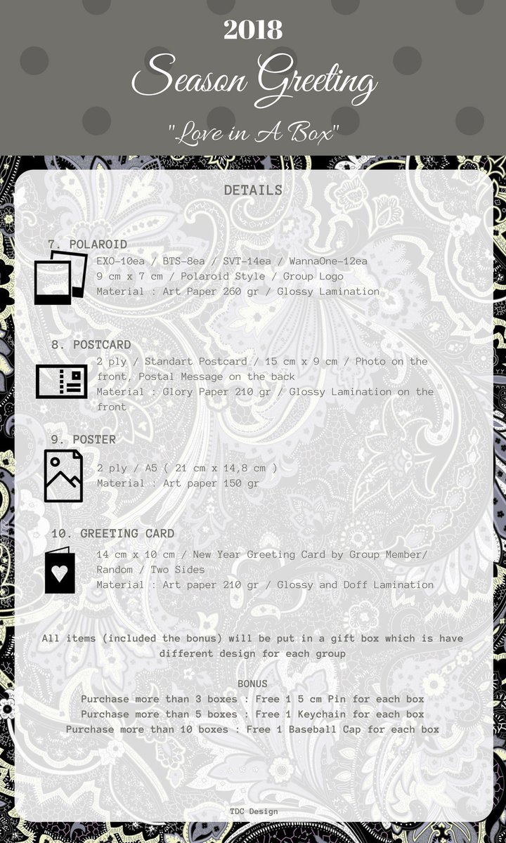kunikun_kr's tweet photo. 2018 SEASON GREETING
Love in A Box
IDR 170k/USD 13
Exc shipping from Denpasar, Indonesia
Shipping ww
Details on the pictures
Close PO 15 Dec 2017
Group : EXO/BTS/SVT/Wanna One #planner #photobook #calendar #minicalendar #bts #army #exo#exol #seventeen #carat #wannaone #wannable https://t.co/Brq6hP0hAR