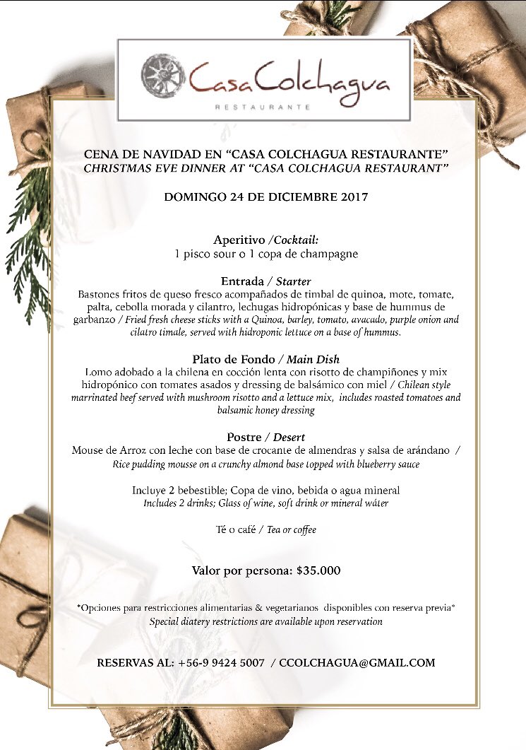 CasaColchagua's tweet photo. Les dejamos nuestro menú para esta navidad, hagan sus reservas!! 🎅🏻🎄🍷🍴 https://t.co/JYqnmOZ6GU