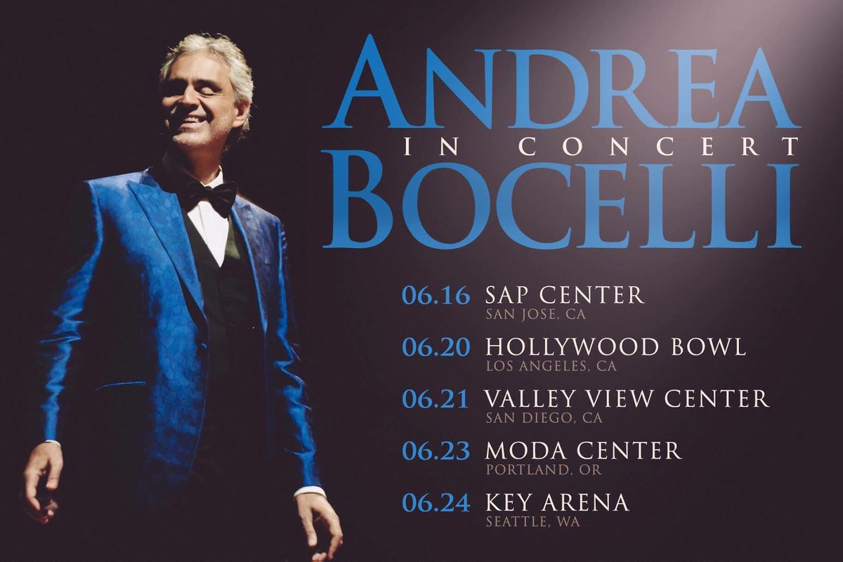 Andrea Bocelli is thrilled to announce his June 2018 #USA West Coast tour. 