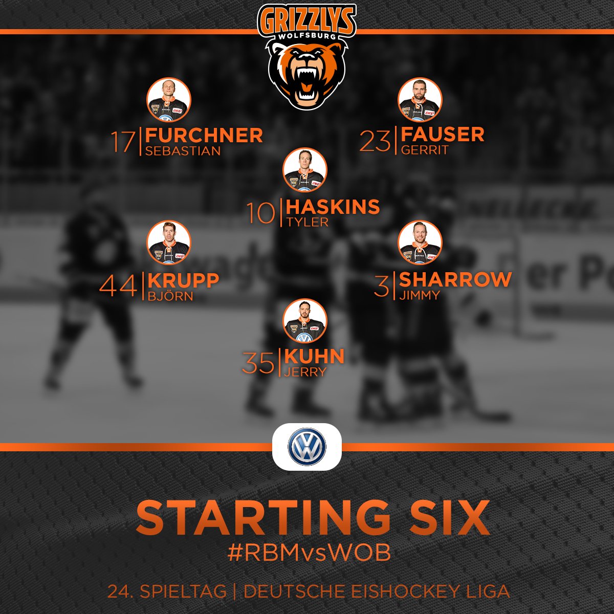 grizzlys_wob's tweet photo. Die Starting Six der #Grizzlys. Brent #Aubin, Fabio #Pfohl, Marcel #Ohmann, Robbie #Bina und Torsten #Ankert fehlen weiterhin aufgrund ihrer Verletzungen. Im Tor steht @JerryKuhn35. #RBMvsWOB https://t.co/cPhp8xQNd9