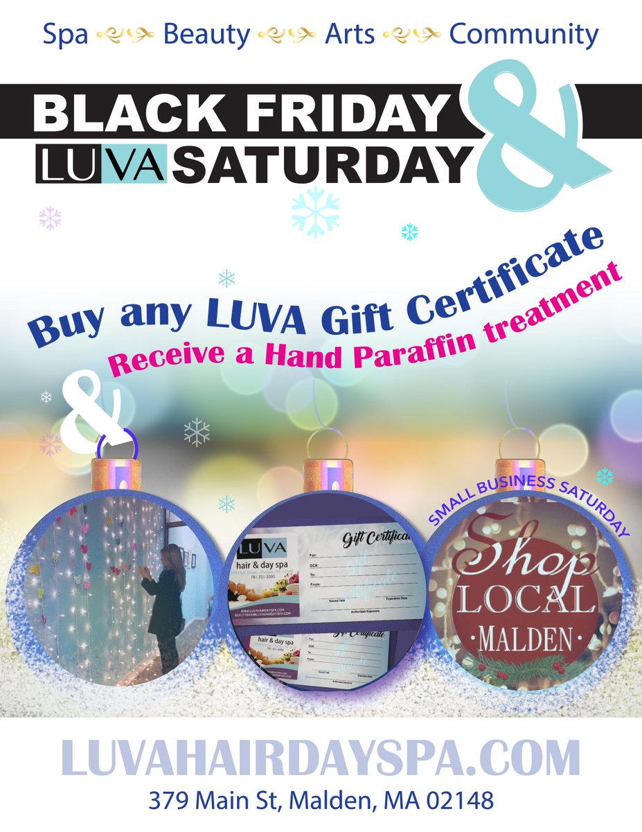 LuvaHairDaySpa's tweet photo. #BlackFriday and #SmallBusinessSaturday at @LuvaHairDaySpa
On a Purchase of #GiftCertificates you also will get a Hand Paraffin Treatment either for you or to give as a present to somebody else.
#Hair #Nails #massage #skincare #OnePlaceBetterYOU 
https://t.co/SqxpxkyYYA
#loveit https://t.co/yNUKzHzfT1