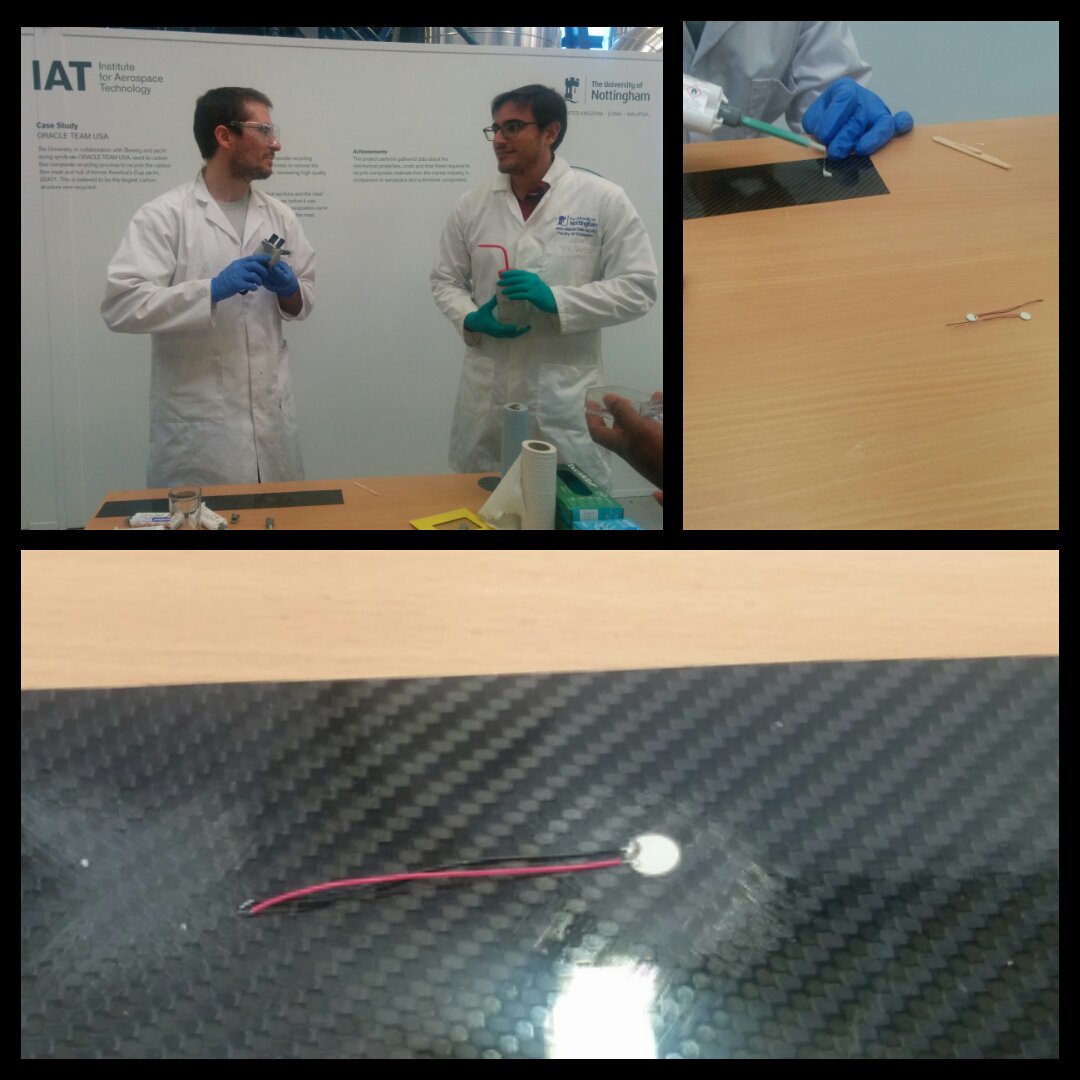 IAT_Daniela's tweet photo. Gluing piezoelectric transducers on #composites. #StructuralHealthMonitoring @UoNAerospace  @UoNresearch @UoNINNOVATIVE https://t.co/va9CmZQnWN