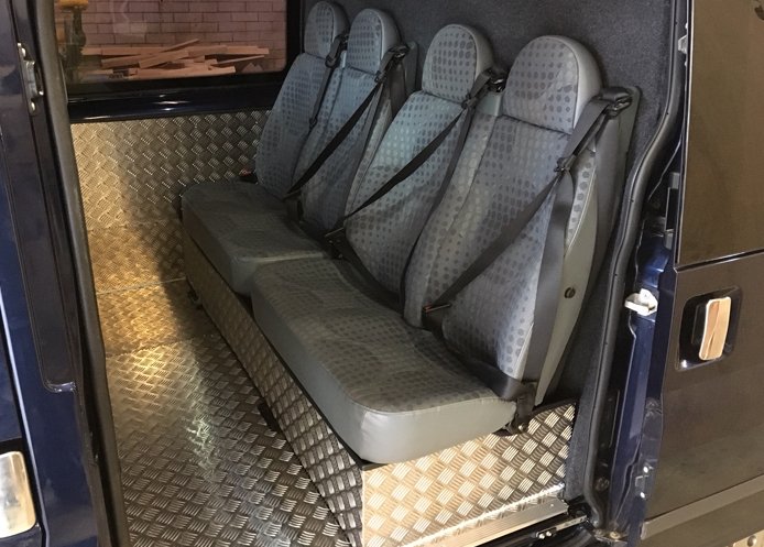 Nice refurbishment of a Ford Transit SWB. Full chequerplate lining and sun visor.