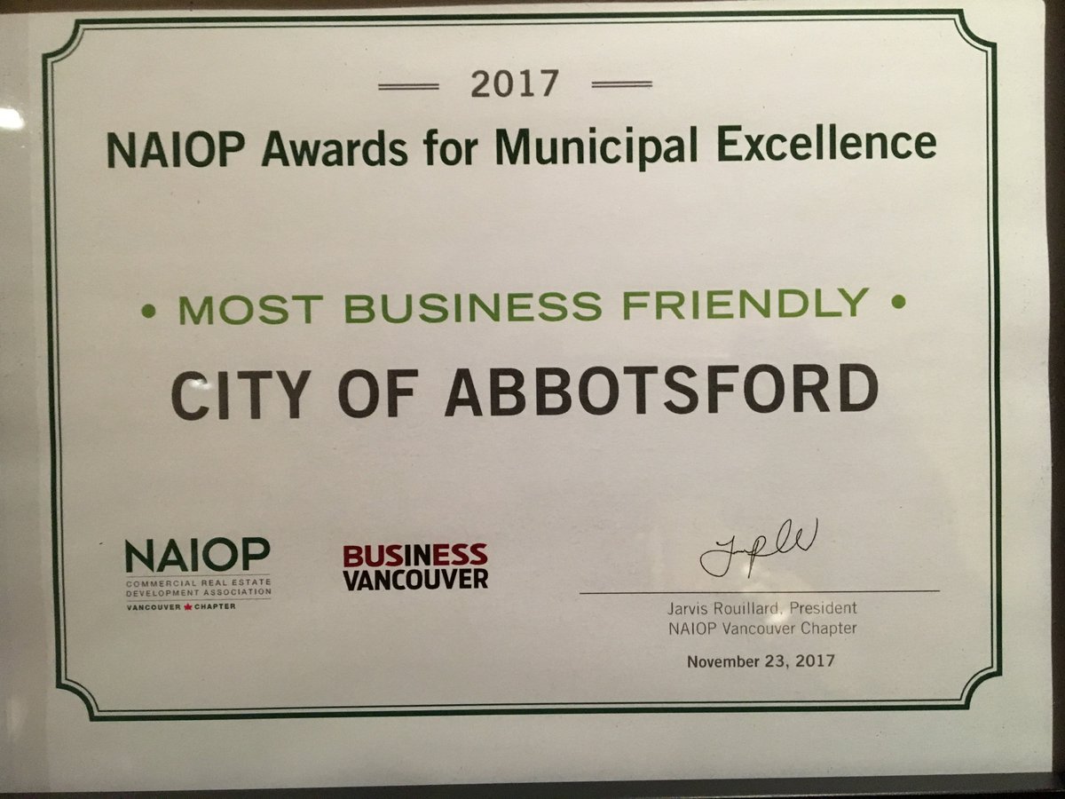 DonRCampbell's tweet photo. Congratulations to the City of #Abbotsford, what a remarkable turnaround. Awarded "The Most Business Friendly" city in the province #abbywins Business with a heart. Hard work and a BIG vision pays off @AbbotsfordEcDev @MayorHenryBraun https://t.co/pfOSTrUjDy