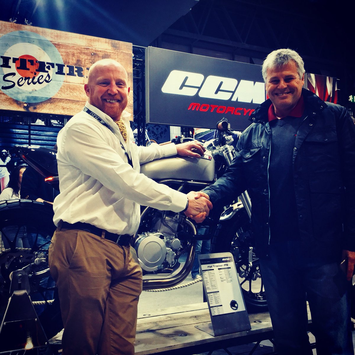 CCMMotorcycle's tweet photo. Jamie Whitham once described touring car legend Tim Harvey as a great bike racer trapped in an oversized racing drivers body! He has great taste in bikes though as he’s ordered a CCM FT6 Flat Tracker #timharvey #jamiewhitham #MotorcycleLive #flattracker #Dunlopbtcc https://t.co/wJrxDHRNB3