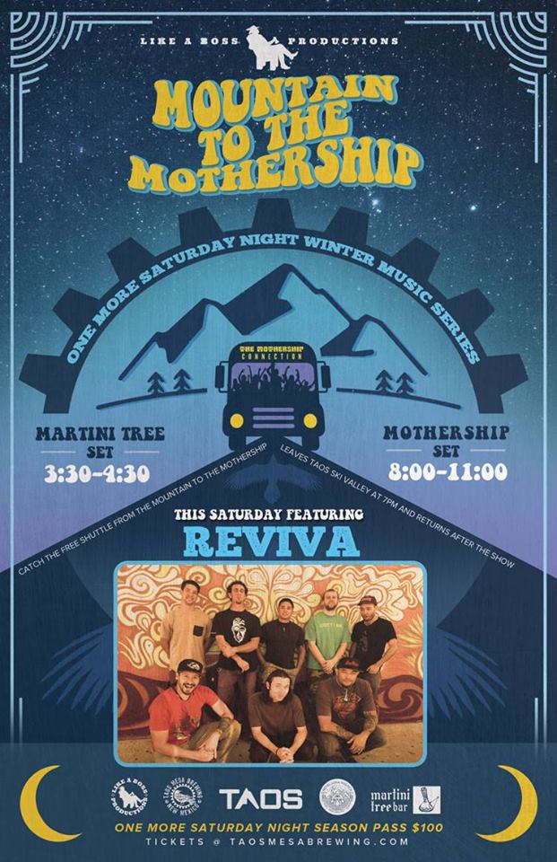 revivaband's tweet photo. Headed up north tomorrow to jam double show at @TaosSkiValley  and @TaosMesaBrewing They have a free party bus come join the fun!  #Taos #FunkyReggaeParty https://t.co/w2RuUkz4PX
