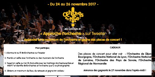 Auditorium_ONL's tweet photo. [Orchestres en fête] Participez au jeu concours lancé sur Twitter et Instagram du 24 au 26 nov. pour gagner des places de concerts à l'occasion d' #orchestresenfete ! A vos selfies ! #OEF17 https://t.co/GGhqX3364q