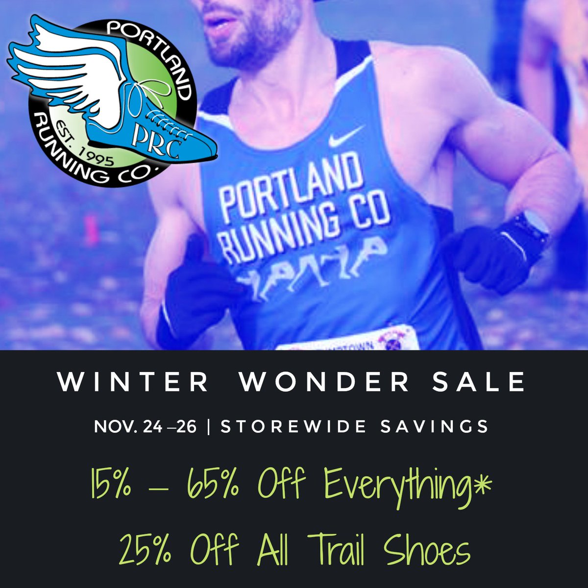 PortlandRunning's tweet photo. Our biggest sale of the year is happening now. Can't make it in? Go to https://t.co/LrLbI0u7WG and use the code WINTERWONDER to discount your cart. Some exclusions apply. See stores for details. #portlandrunning #BlackFriday #shoplocal #shopsmall #runpdx #selectionmatters https://t.co/94RXzXAWvo