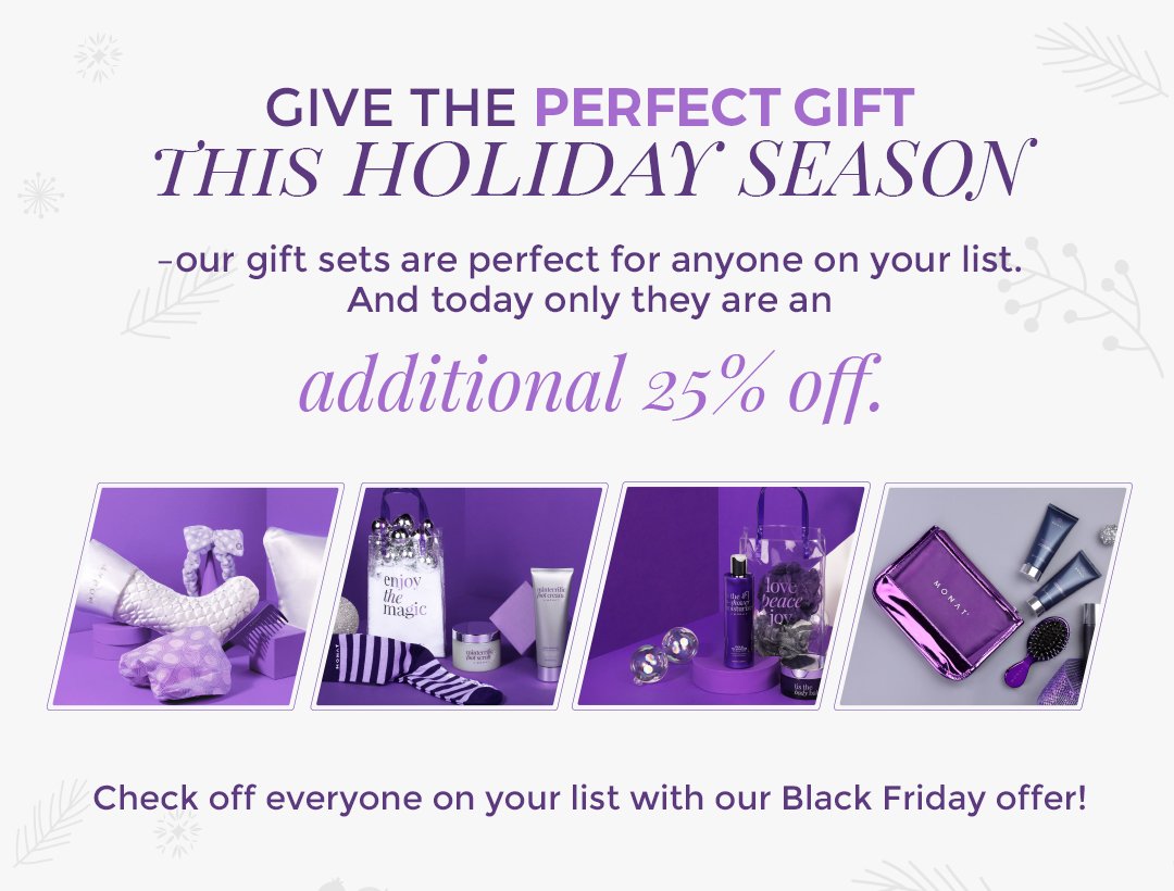 MONATOfficial's tweet photo. Hurry -- this offer* won't last long! For details on MONAT's Holiday Gift Sets visit https://t.co/mKEWEnjwUh #BlackFriday
* Offer available to Market Partners and VIP customers. Some exclusions apply. Log in to your back office or vip suite for details. https://t.co/XUGIjvKIix
