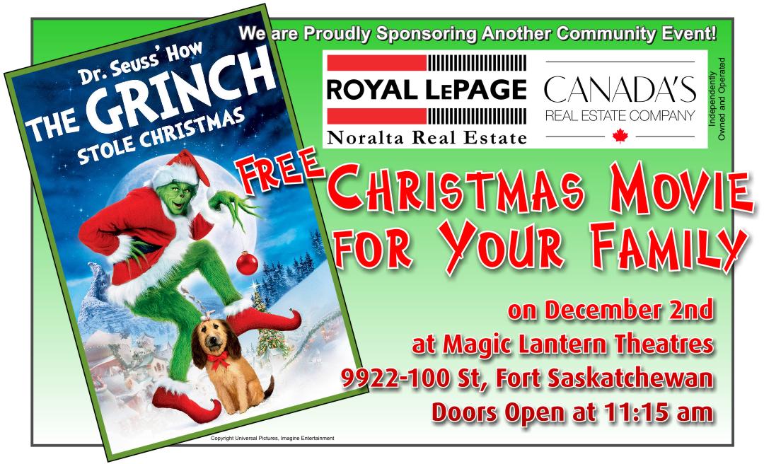 FtSkRealtor's tweet photo. Another free event we are sponsoring... a screening of Dr. Seuss's How the Grinch Stole Christmas at Magic Lantern Cinema in Fort Saskatchewan on Dec 2nd! Great family movie! https://t.co/kvEl7a3Vdm