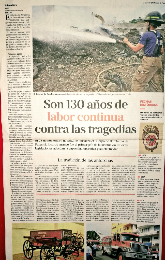 Artículo de nuestro 130 Aniversario en la <a href="/EstrellaOnline/">La Estrella de Panamá</a> por el Periodista Julio Alfaro. #OrgullososDeSerBomberos