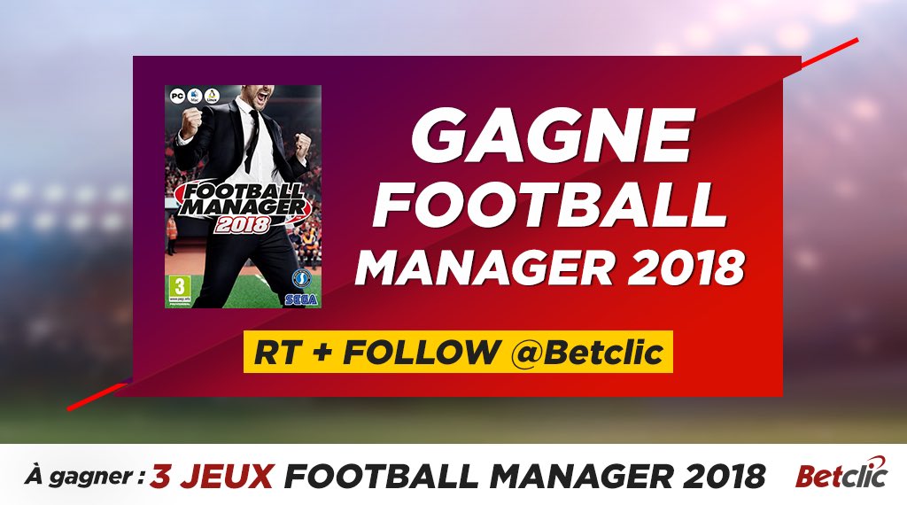 Footballogue's tweet photo. 🎁 3 jeux Football Manager 2018 à gagner
 
➡ RT + Follow @Betclic pour participer au tirage au sort
 
👌 Merci @FMFrance https://t.co/gAKZTY6p44