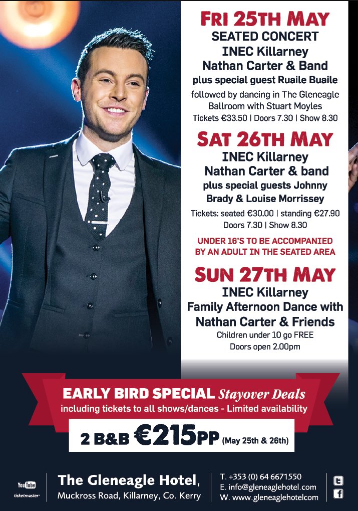 iamNATHANCARTER's tweet photo. Killarney weekend now on sale @GleneagleHotel Nightly tickets now on sale for our shows @INECKILLARNEY tweet a friend who u think would come https://t.co/b21KrvE30u