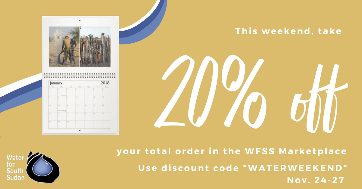 WaterforSoSudan's tweet image. Use code "WATERWEEKEND" at checkout beginning TODAY through Monday for 20% off your entire order. Spread awareness for a good cause with special WFSS gifts this holiday. Sale valid once per customer. buff.ly/2AoPrkJ #GivingTuesday #WaterWeekend #HolidaySales #GRA17