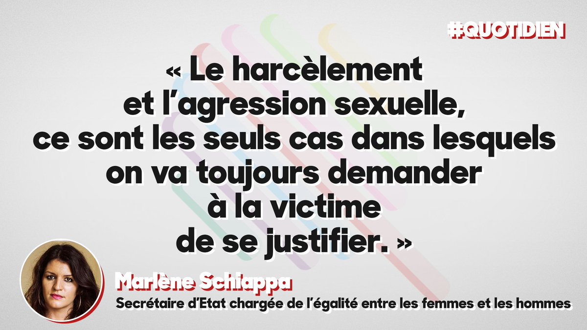 Qofficiel's tweet photo. "On demande toujours aux femmes :
- Que faisiez-vous seule dans la rue ?
- Pourquoi étiez-vous habillée comme ça ?’
Comme si la victime devait se justifier d’avoir été agressée…"
@MarleneSchiappa  #Quotidien https://t.co/RFwjTuu9Rx